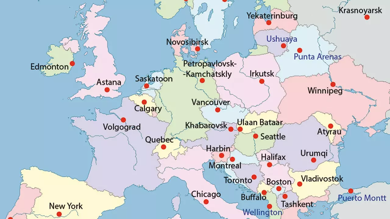 De kaart die laat zien welke steden op dezelfde breedtegraad liggen als de Europese hoofdsteden