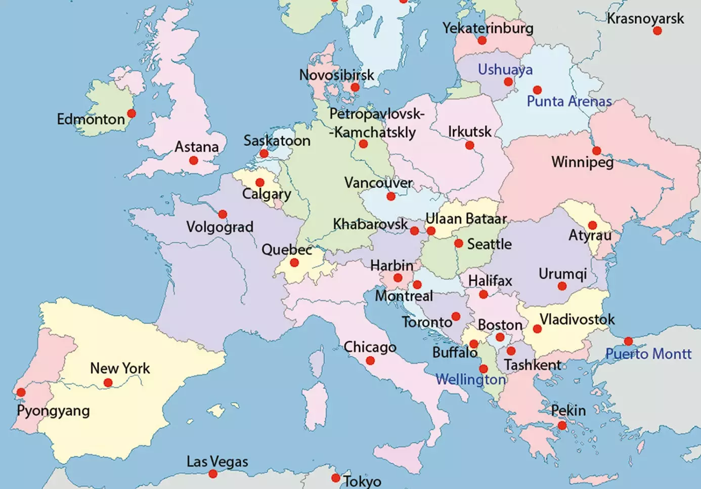 D'Kaart weist wéi eng Stied op der selwechter Breedegrad wéi déi europäesch Haaptstied sinn