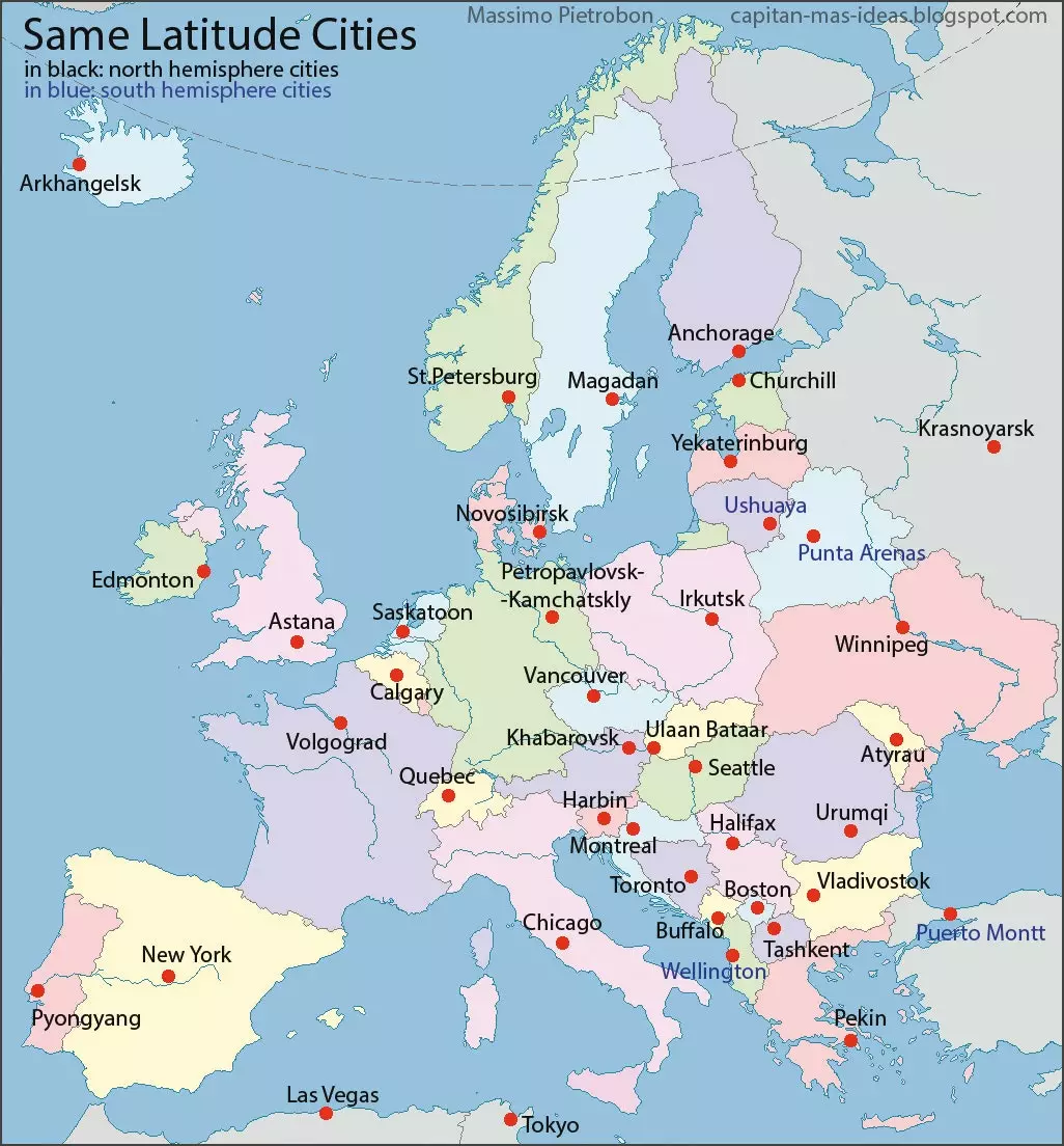 Kartet som viser hvilke byer som ligger på samme breddegrad som de europeiske hovedstedene