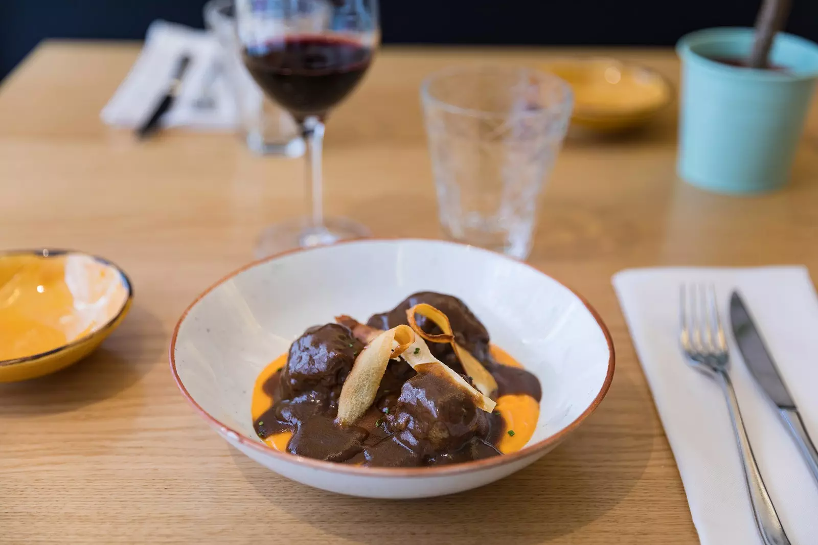 Galician beef tail meatballs with roasted pumpkin purée