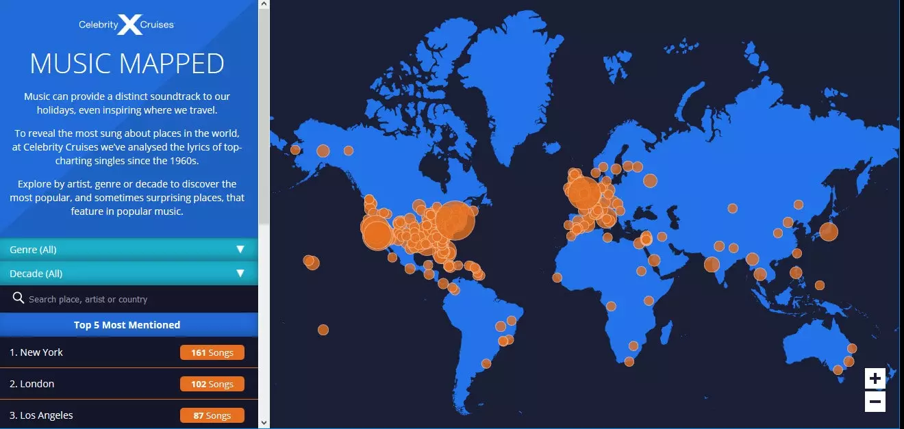 mapa llocs del món que més cançons inspiren celebrity cruises