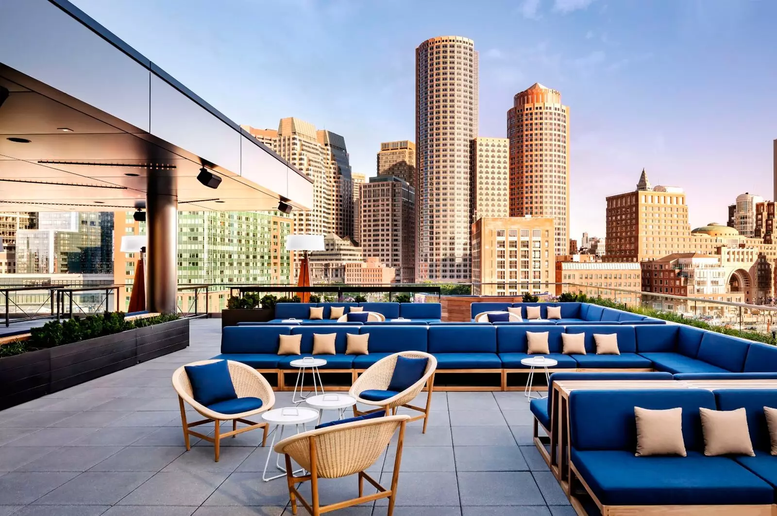 The rooftop of the Envoy hotel and the views of the skyline in the financial district