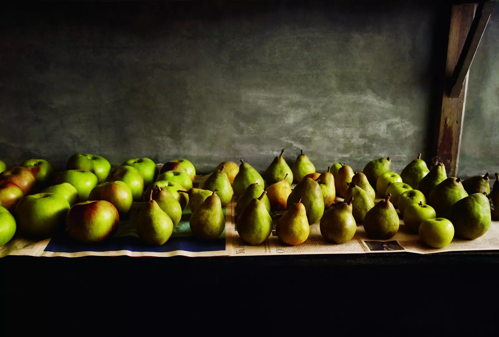 Still life of pears in the pantry at Great Dixter in East Sussex.