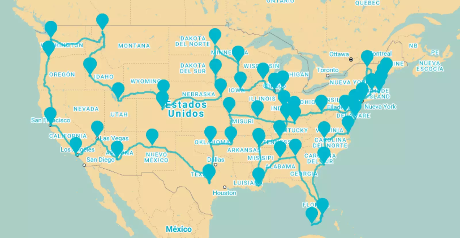 Definitive Karte mit Straßenrestaurants in den USA.