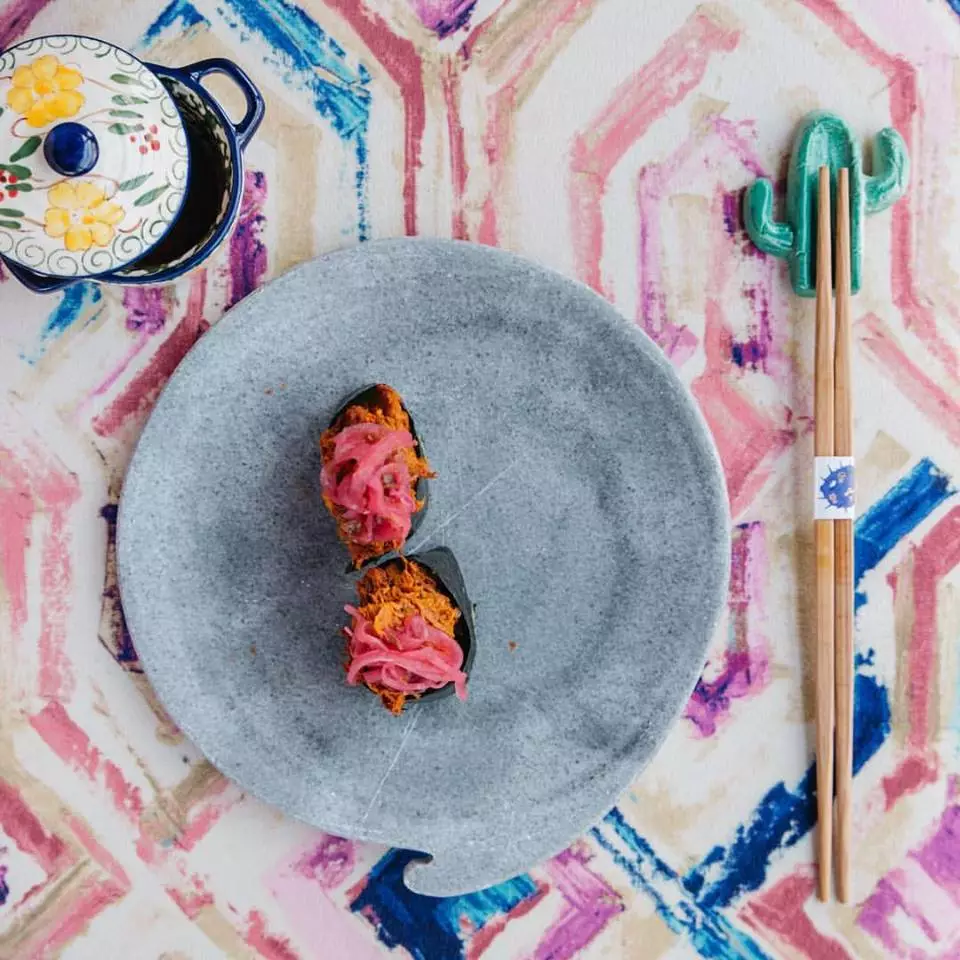 Gunkan of Cochinita Pibil and pickled onion