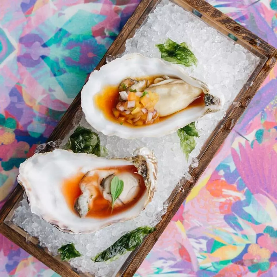 Gillardeau oysters with clamato dressing and goa with ponzu and pico de gayo