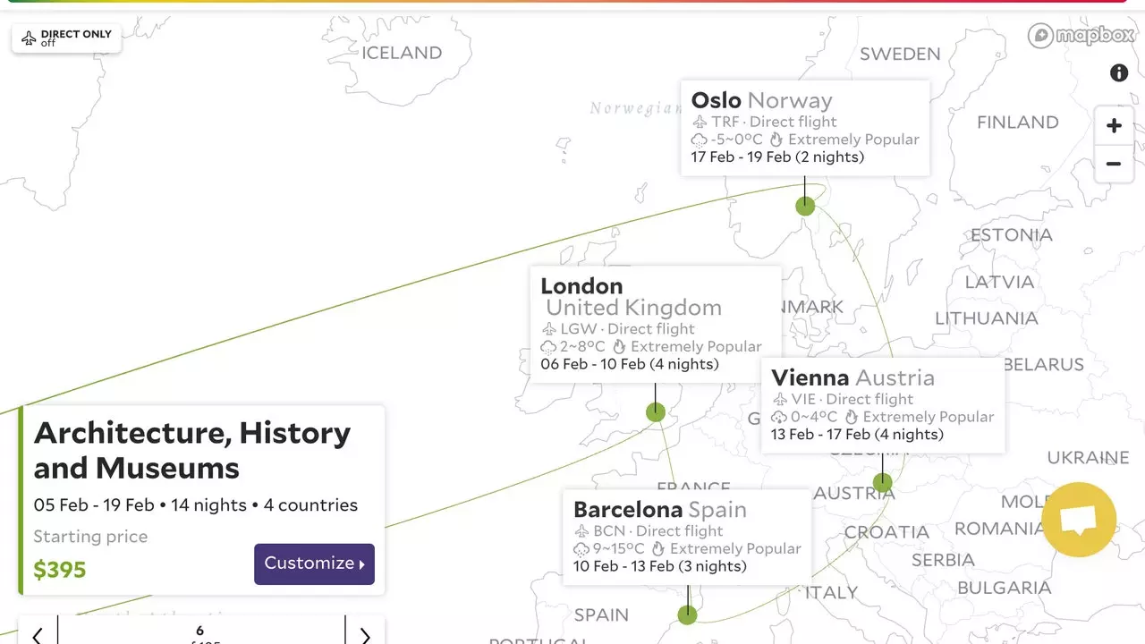 Mapa, która śledzi najlepsze miejsca docelowe w najlepszej cenie z Twojego domu