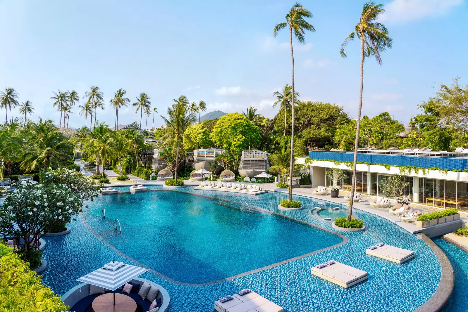 Der riesige, luxuriöse Pool des Meli Koh Samui ist von Palmen und opulenten Liegen gesäumt.