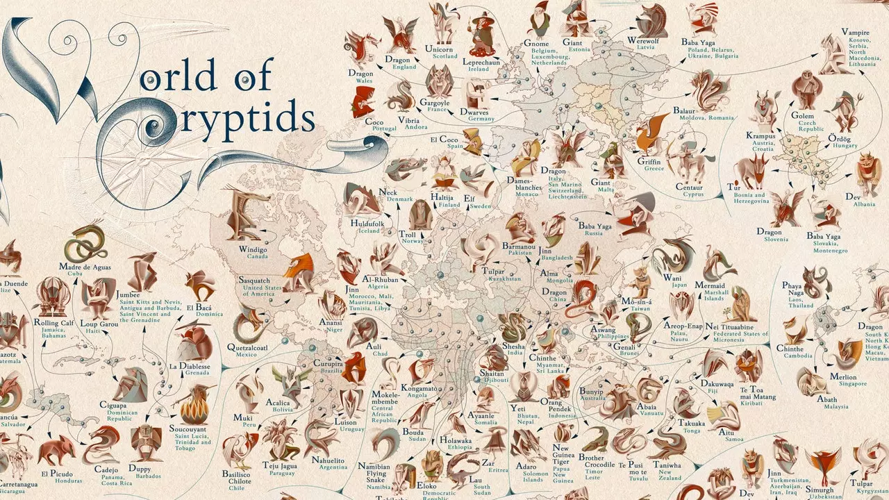 Este mapa mostra a criatura mitológica mais famosa de cada país