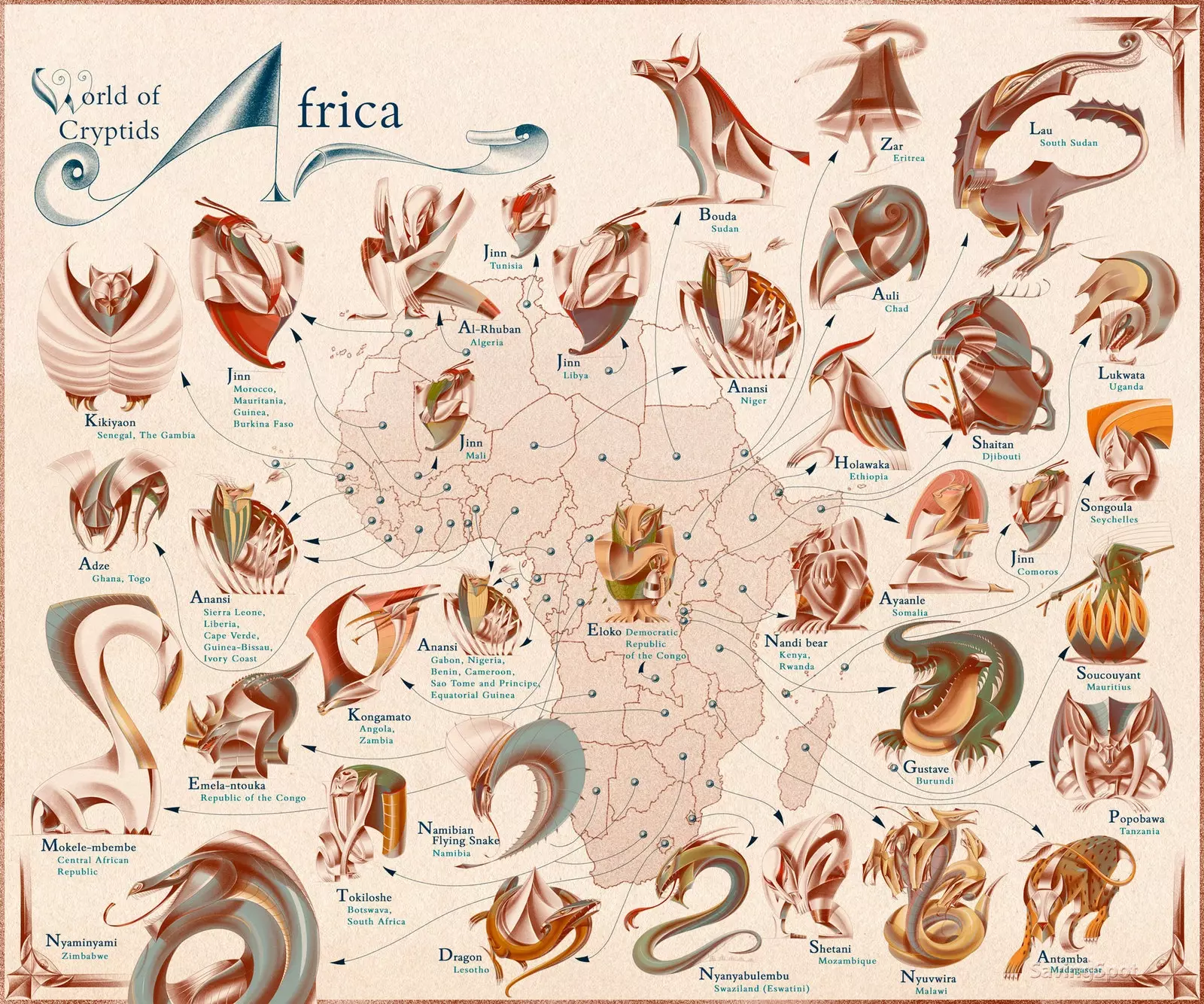 Carte des créatures mythologiques les plus célèbres d'Afrique.