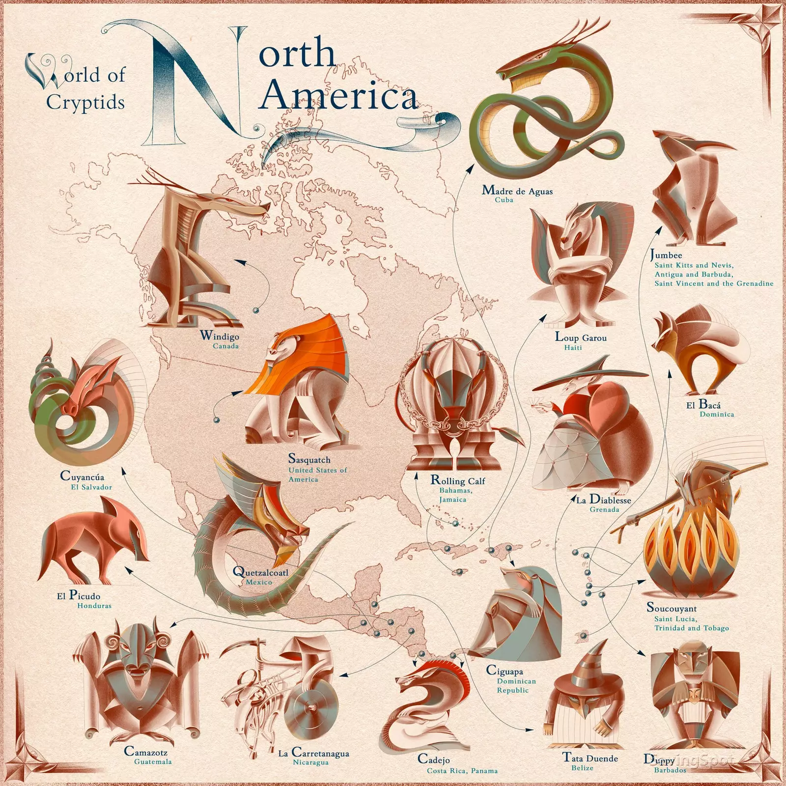 Mapa de les criatures mitològiques ms famoses dels Estats Units.