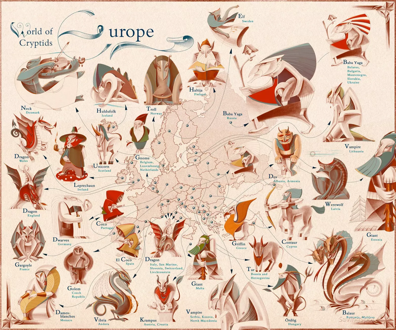 Map of the most famous mythological creatures in Europe.