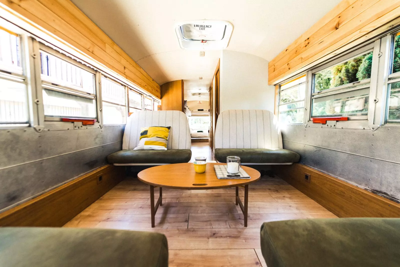 Interior of the American Truck Rail school bus that runs through Spain.