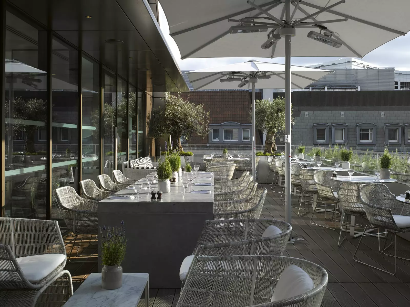 Terrace of the Michelin star Angler restaurant in London's South Place Hotel.