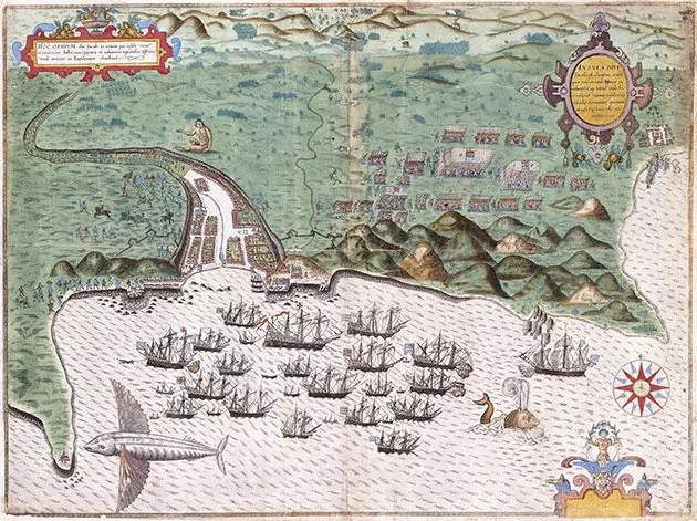 Carte du Cap-Vert montrant une attaque de Francis Drake contre un fort espagnol le 17 novembre 1585