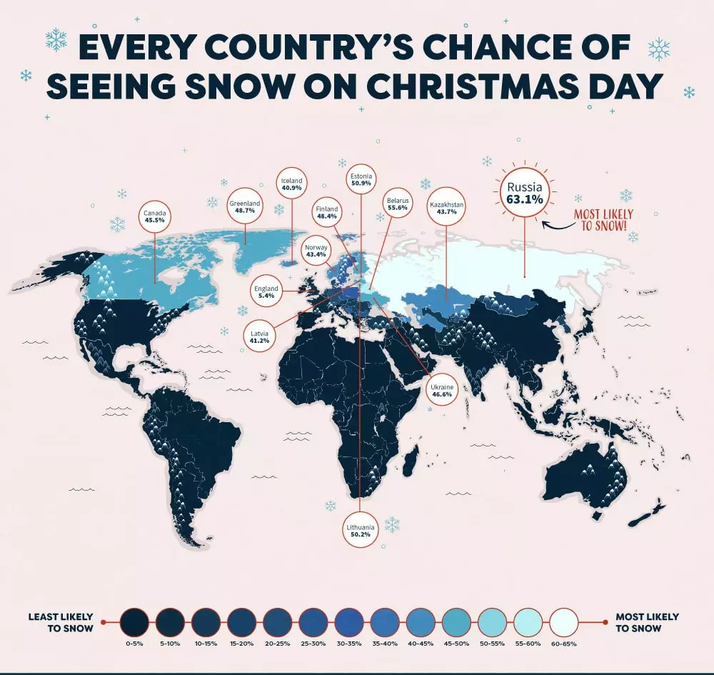 Wereldkaart met kans op kerstsneeuw in 2018