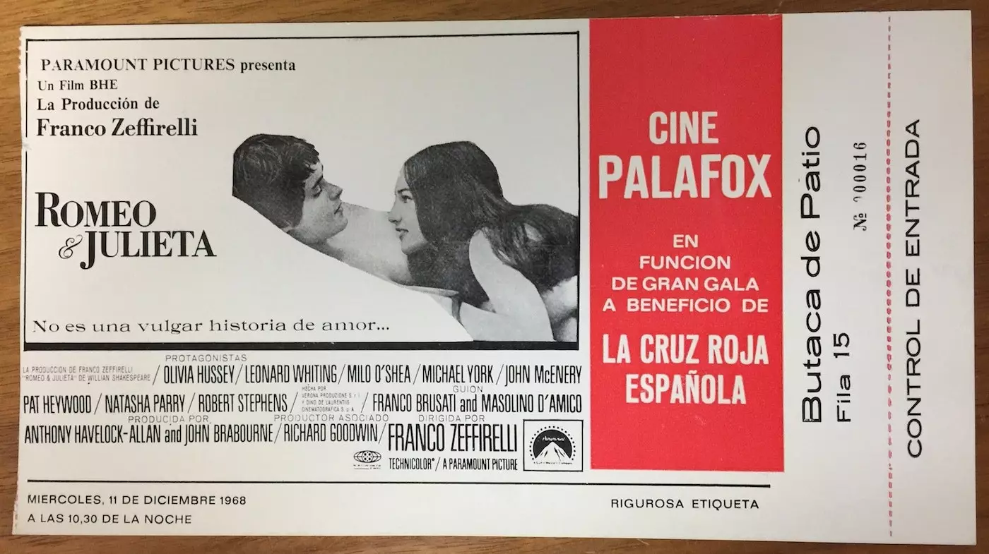 Bilhete de cinema Palafox para 11 de dezembro de 1968 'Romeu e Julieta'