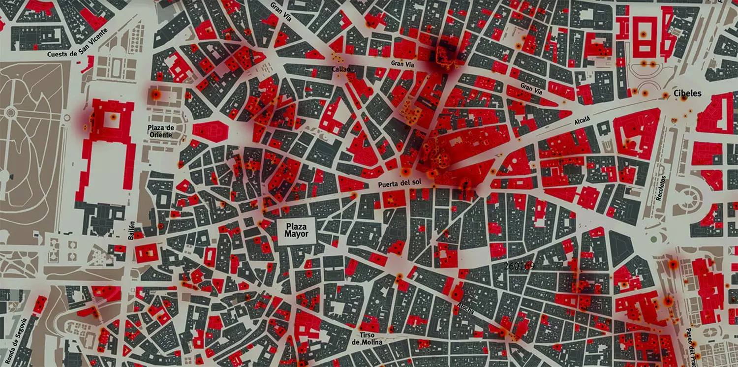 „Madryt zbombardowany” mapa przedstawiająca zniszczenia spowodowane wojną domową w mieście