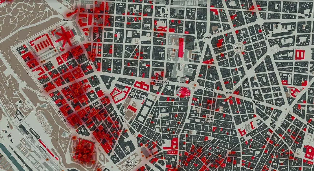 'Madrid Bombarded' the map showing the destruction caused by the Civil War in the city