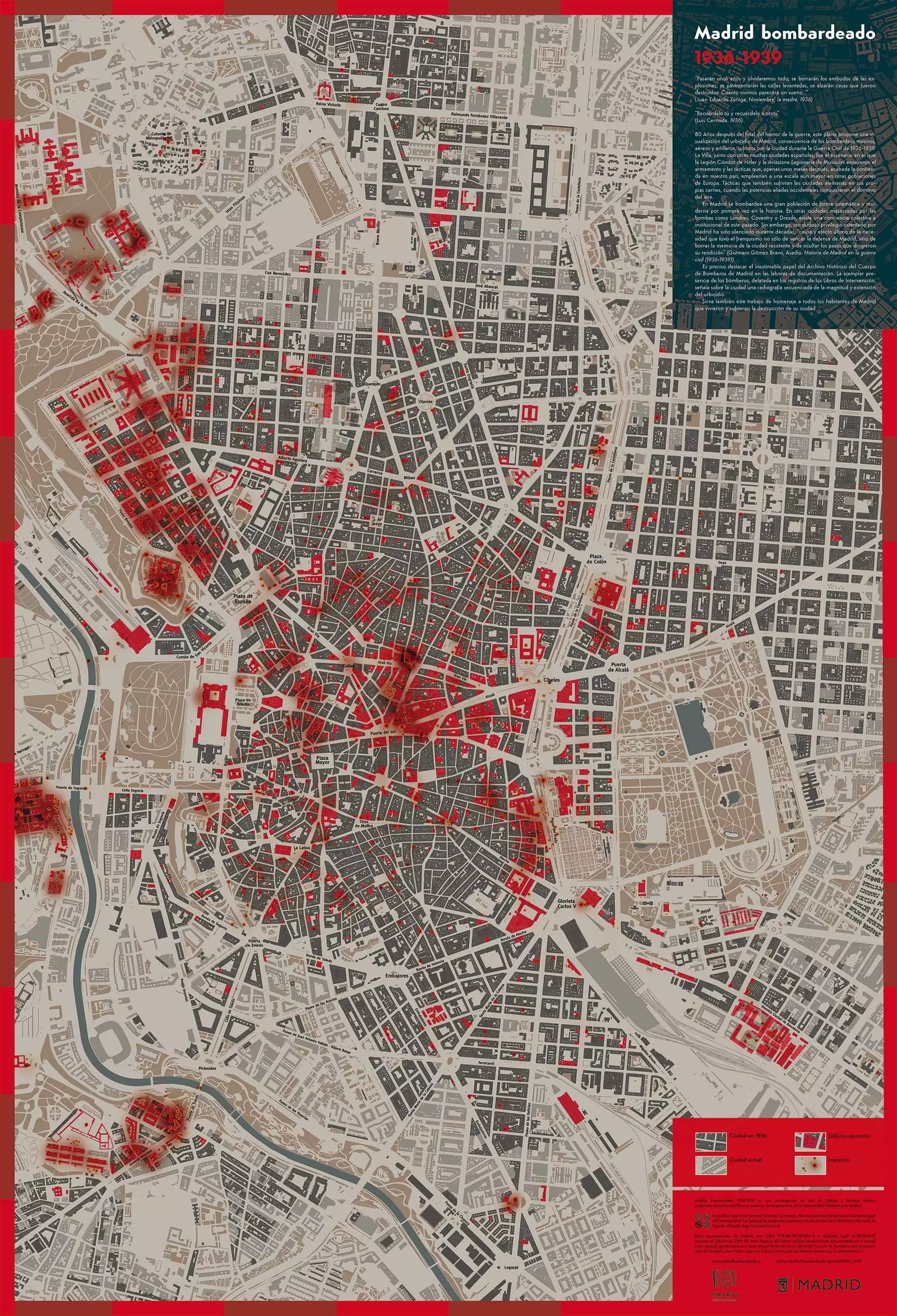 "Madrid bombardimon qildi", shahardagi fuqarolar urushi natijasida yuzaga kelgan vayronalarni ko'rsatuvchi xarita