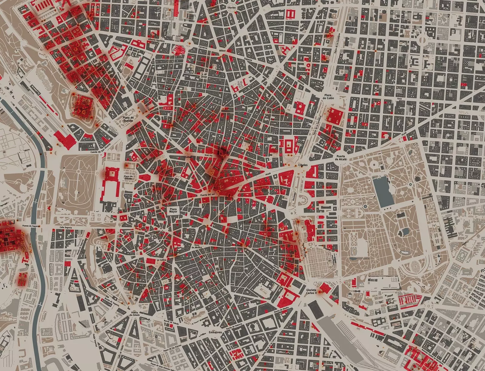 'Madrid Bombarded' de kaart met de verwoesting veroorzaakt door de burgeroorlog in de stad