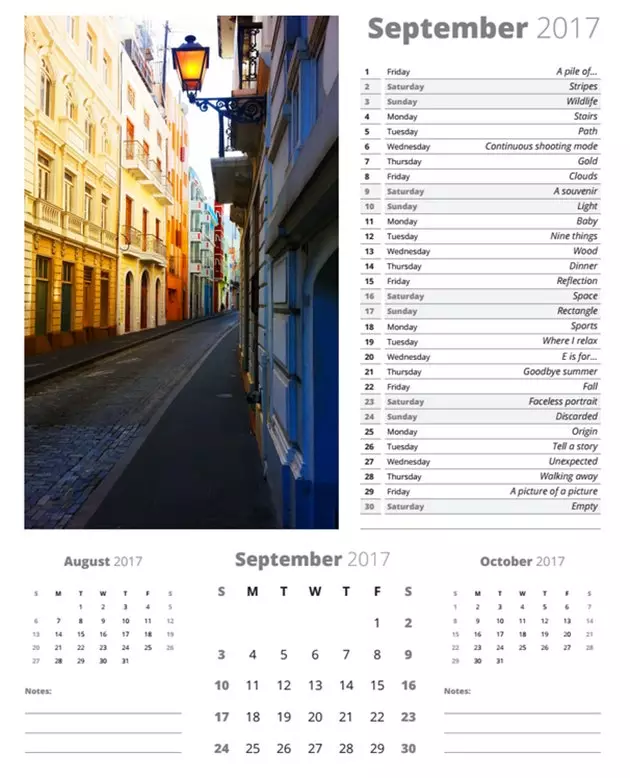 Kindel kalender, mis esitab fotograafile väljakutse igaks aastapäevaks pildiga