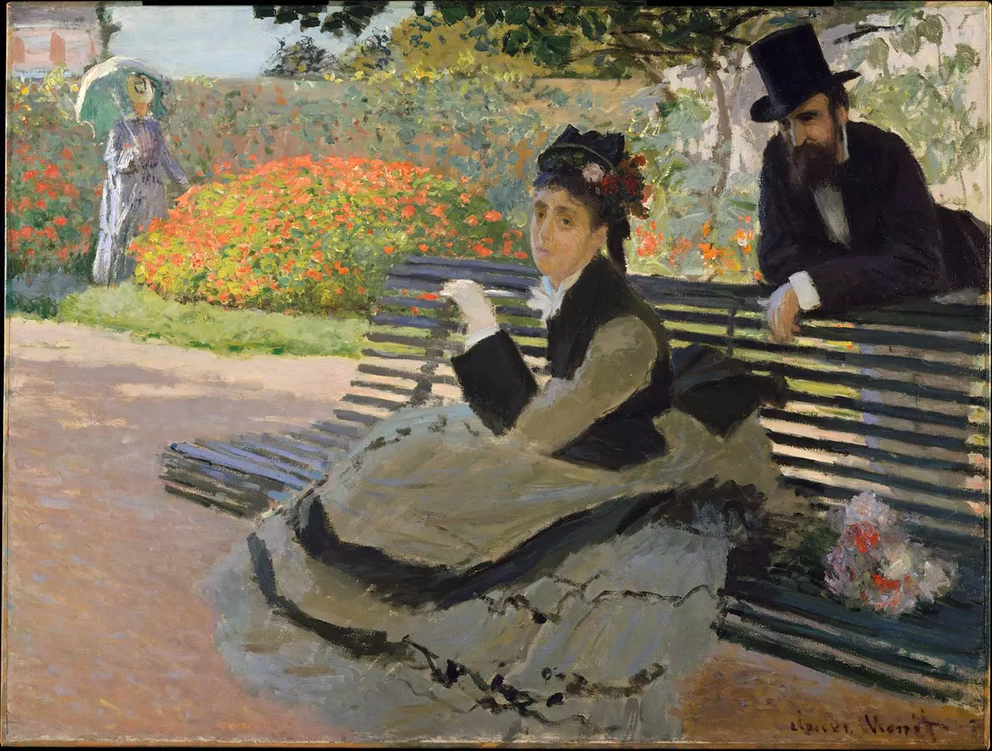 Claude'o Monet „Camille Monet ant sodo suoliuko“.