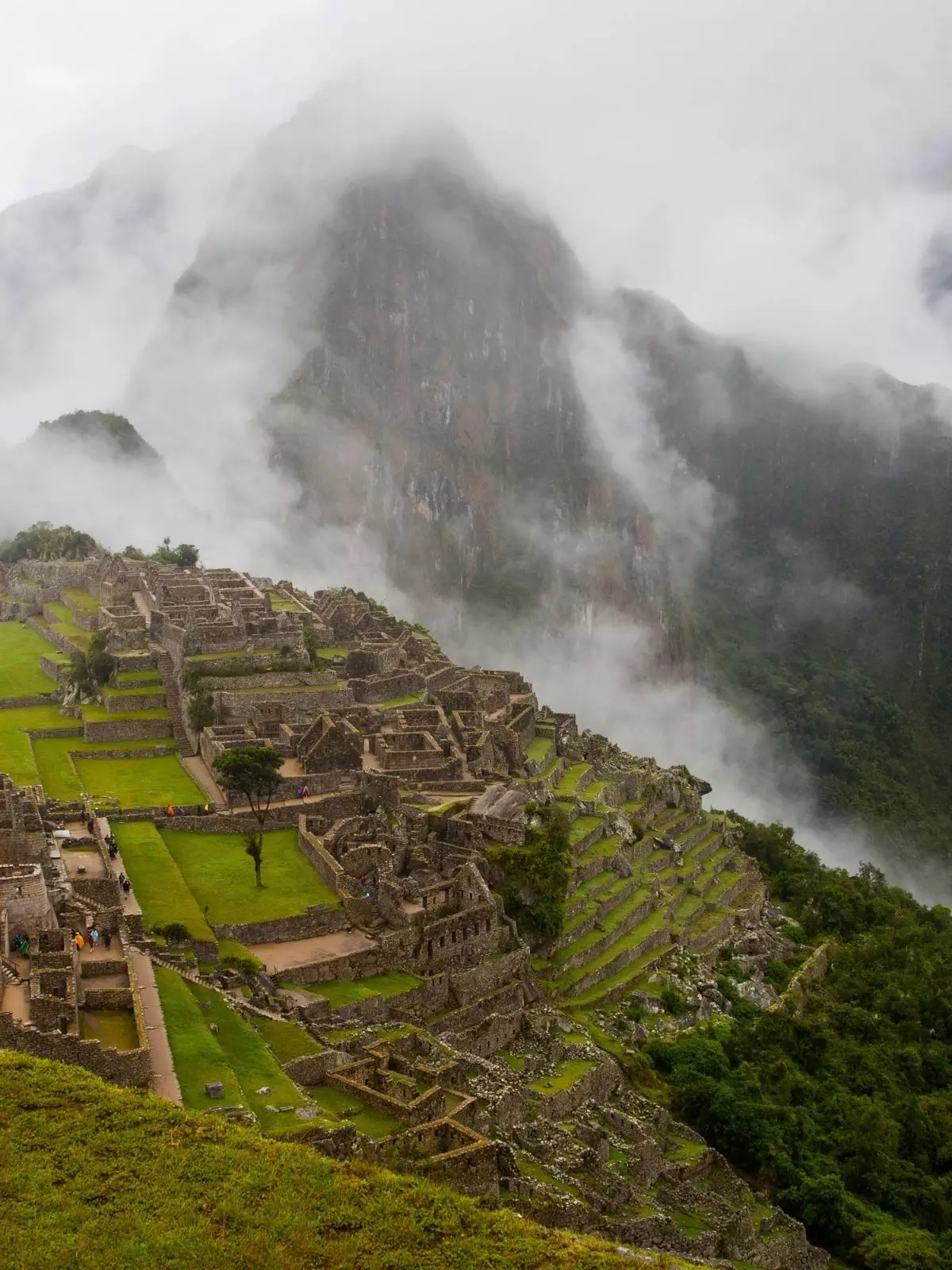 Flygfoto över Machu Picchu täckt av dimma.