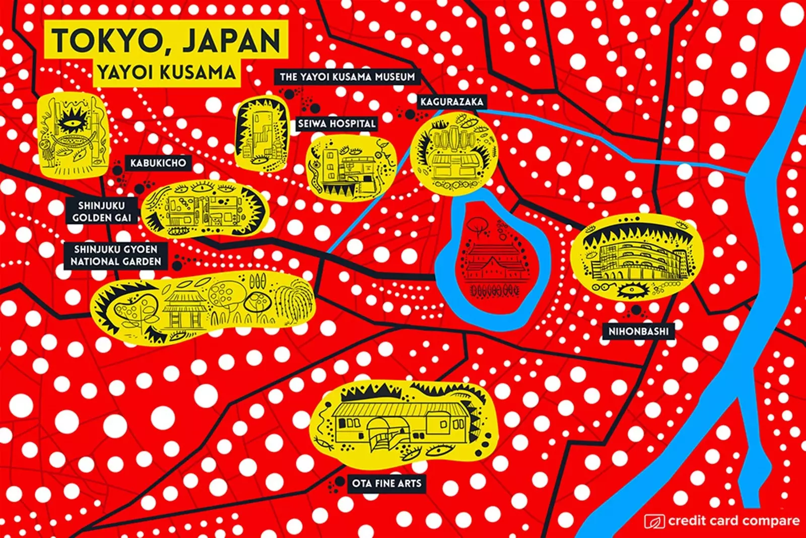 Yayoi Kusama uslubidagi Tokio xaritasi