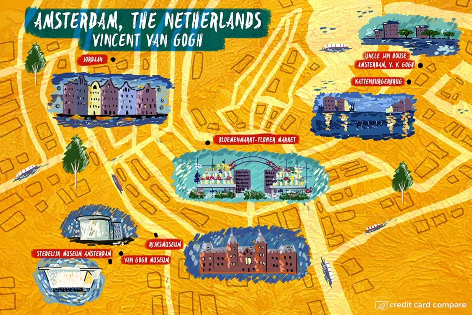 Map of Amsterdam in the style of Van Gogh