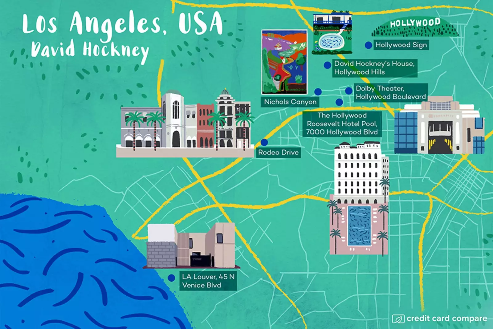 Hockney-stil kart over Los Angeles