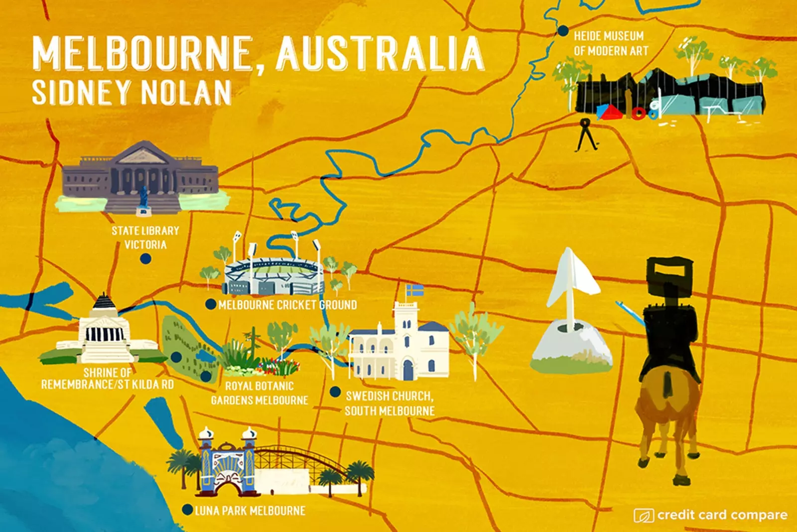 Mapa Melbourne v štýle Sidneyho Nolana