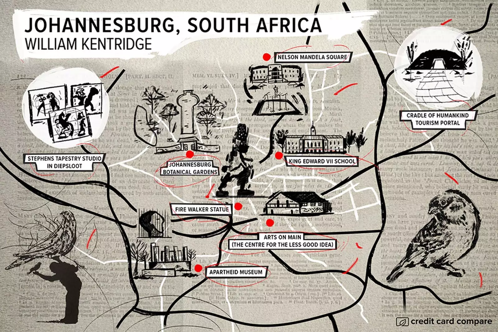 Map of Johannesburg in the style of William Kentridge