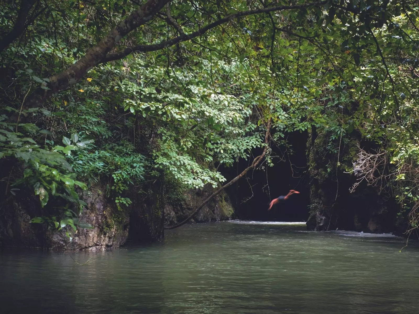 Orang melompat ke sungai dari batu