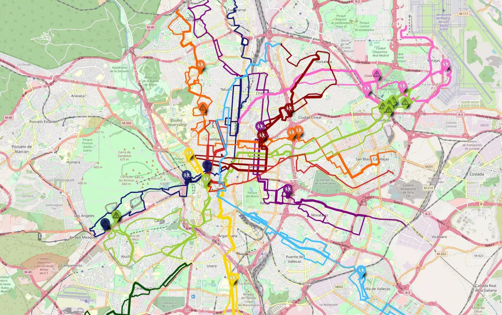 Billede af kortet, der erstatter metrolinjer med cykelruter