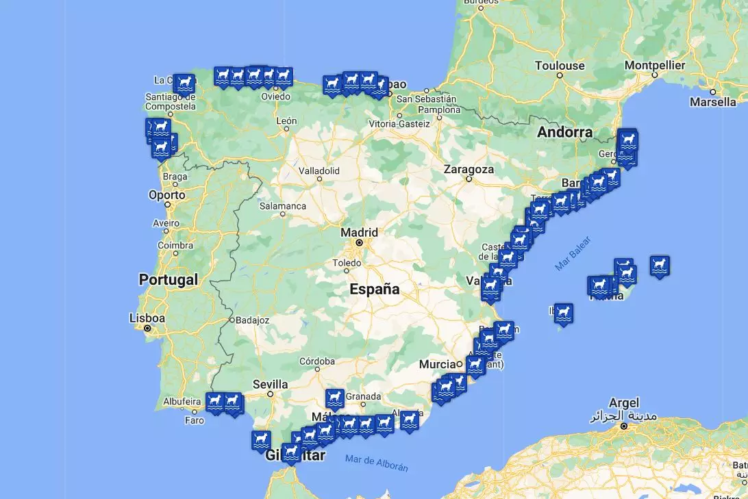 La carte des plages d'Espagne pour aller avec votre chien ce