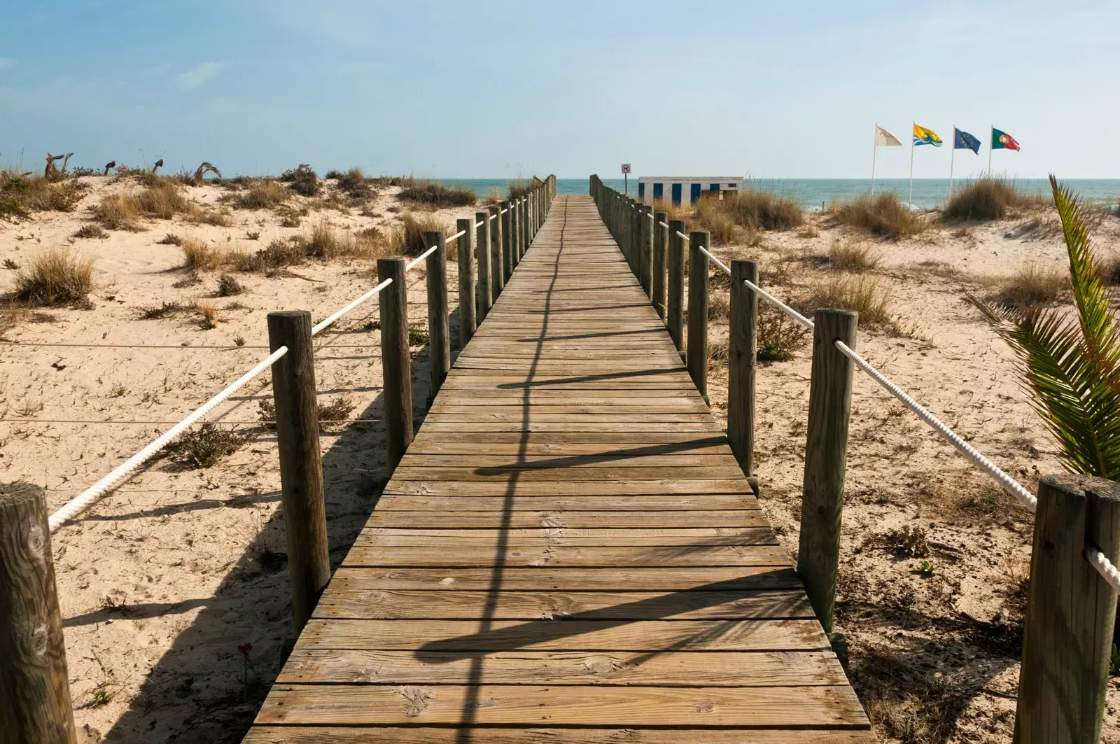 Praia do Barril'deki bu yaya köprüsünün bir buçuk kilometre batısında, çıplaklar bölgesi var.