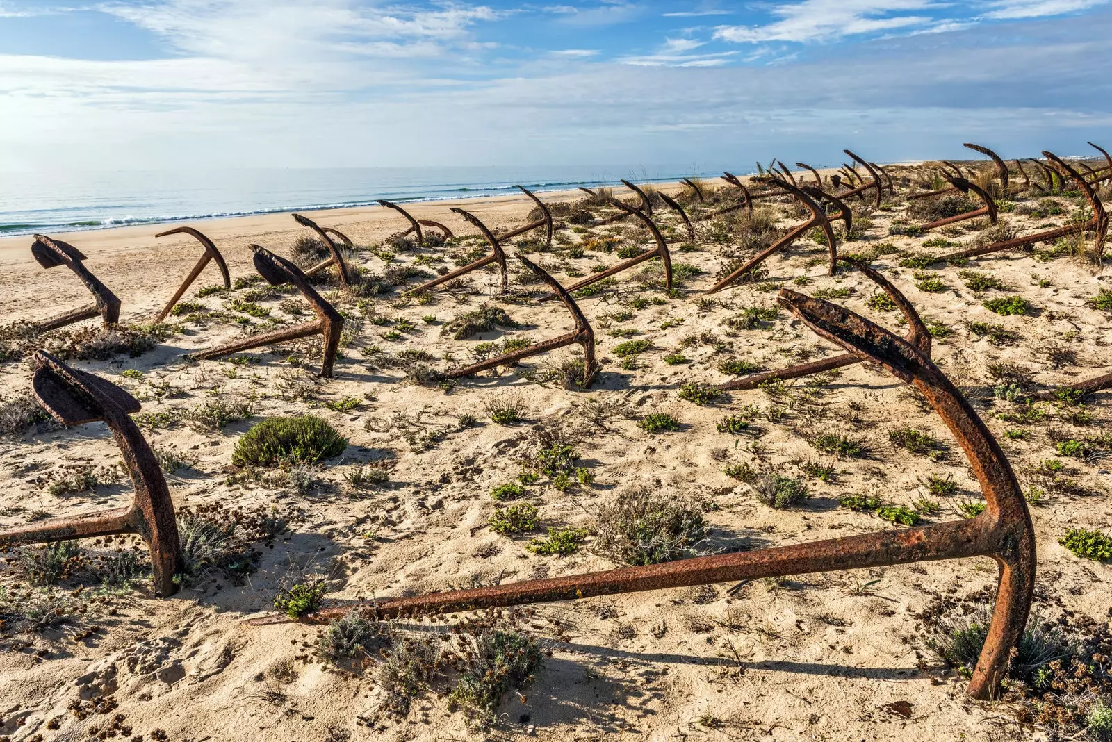 Ċimiterju ta 'ankri fi Praia do Barril ħdejn iż-żona tar-ristoranti li fiha għadu meħtieġ li tibqa' mferra.