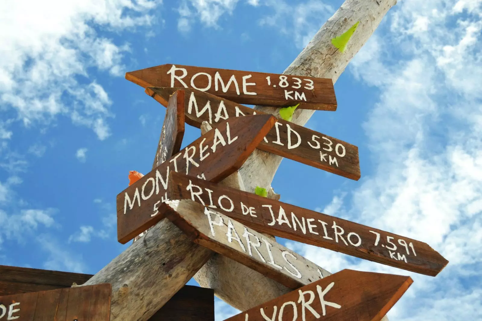 Placas indicando a distância do Cabo de Santa María na Ilha Deserta para várias cidades do mundo.