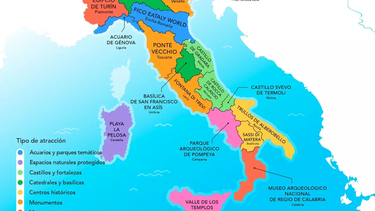 La mappa che raccoglie l'attrazione turistica più apprezzata in ogni regione d'Italia