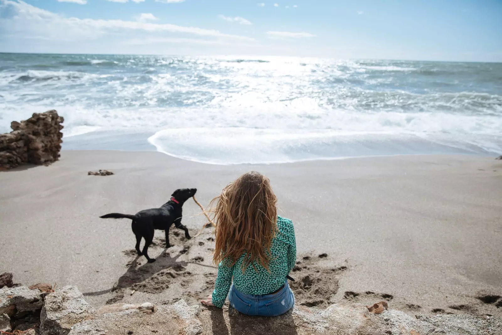 Mulher na praia com seu cachorro