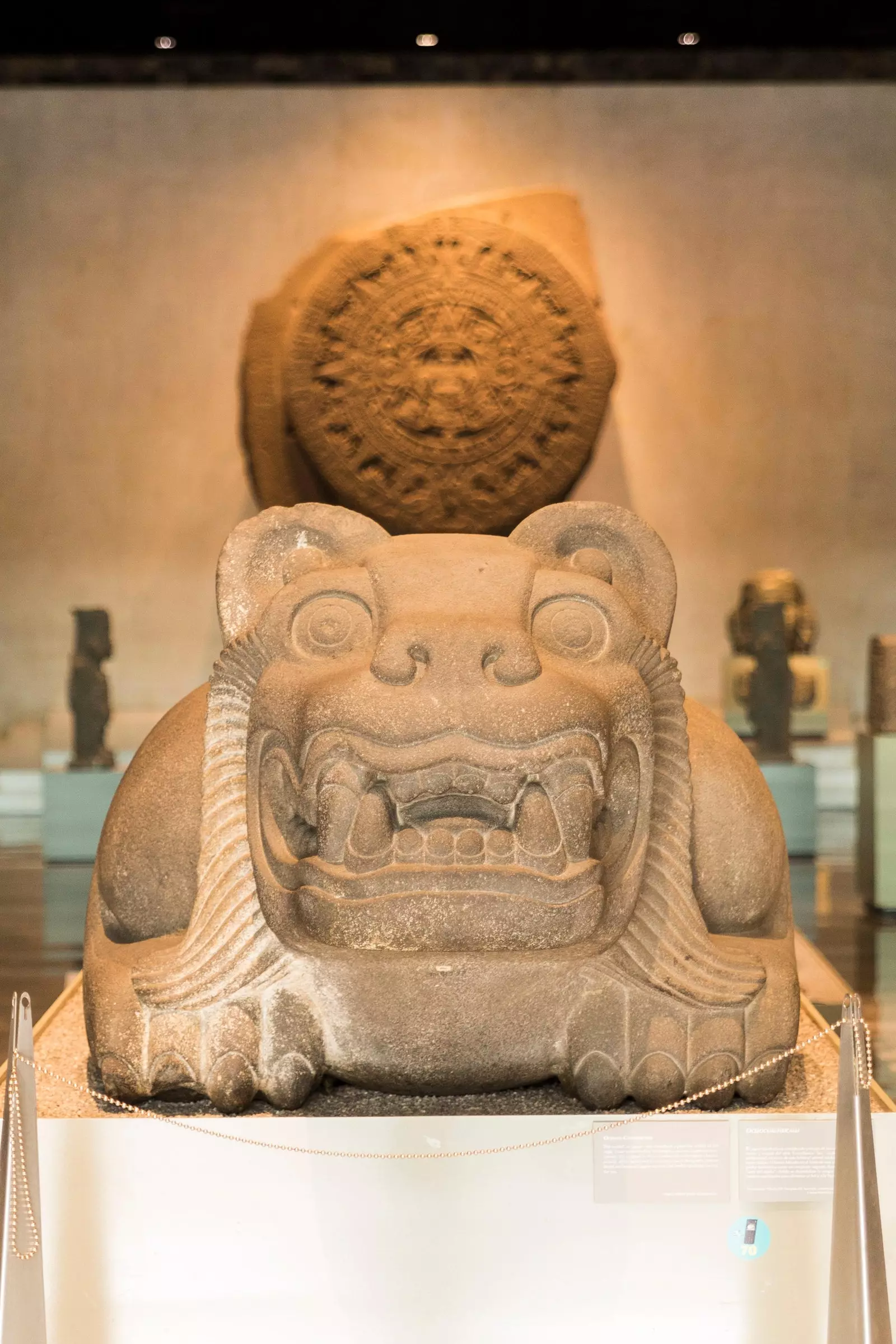 Sculpture of OcelotlCuauhxicalli and stone of the sun or Aztec calendar in the National Museum of Anthropology of Ciudad de...