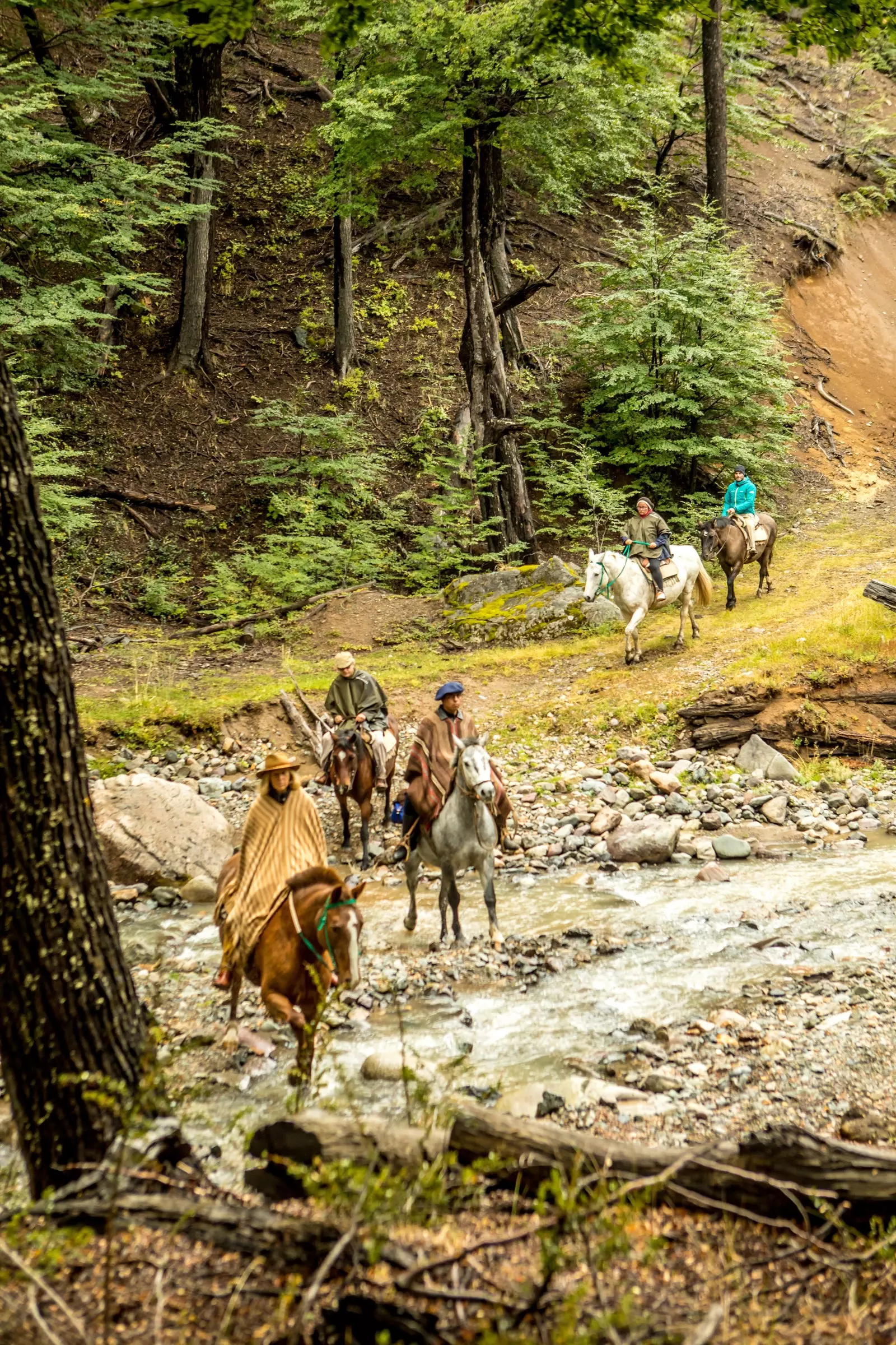 Cinq cavaliers traversent l'Arroyo Escondido à cheval.