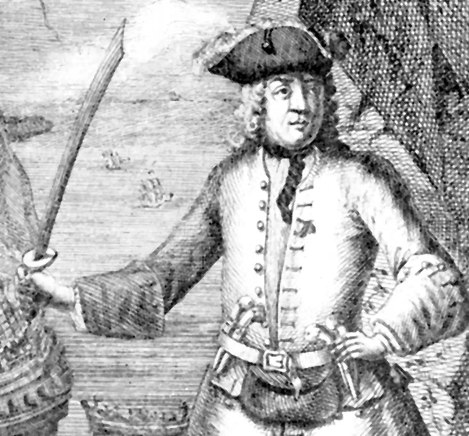 18th century charcoal drawing of Henry Avery with his ship in the background.