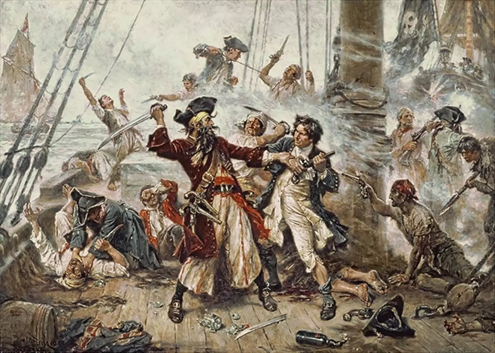 ‘Capture of the pirate Blackbeard 1718 painting by Jean Leon Gerome Ferris from 1920 in which the battle of the army of...