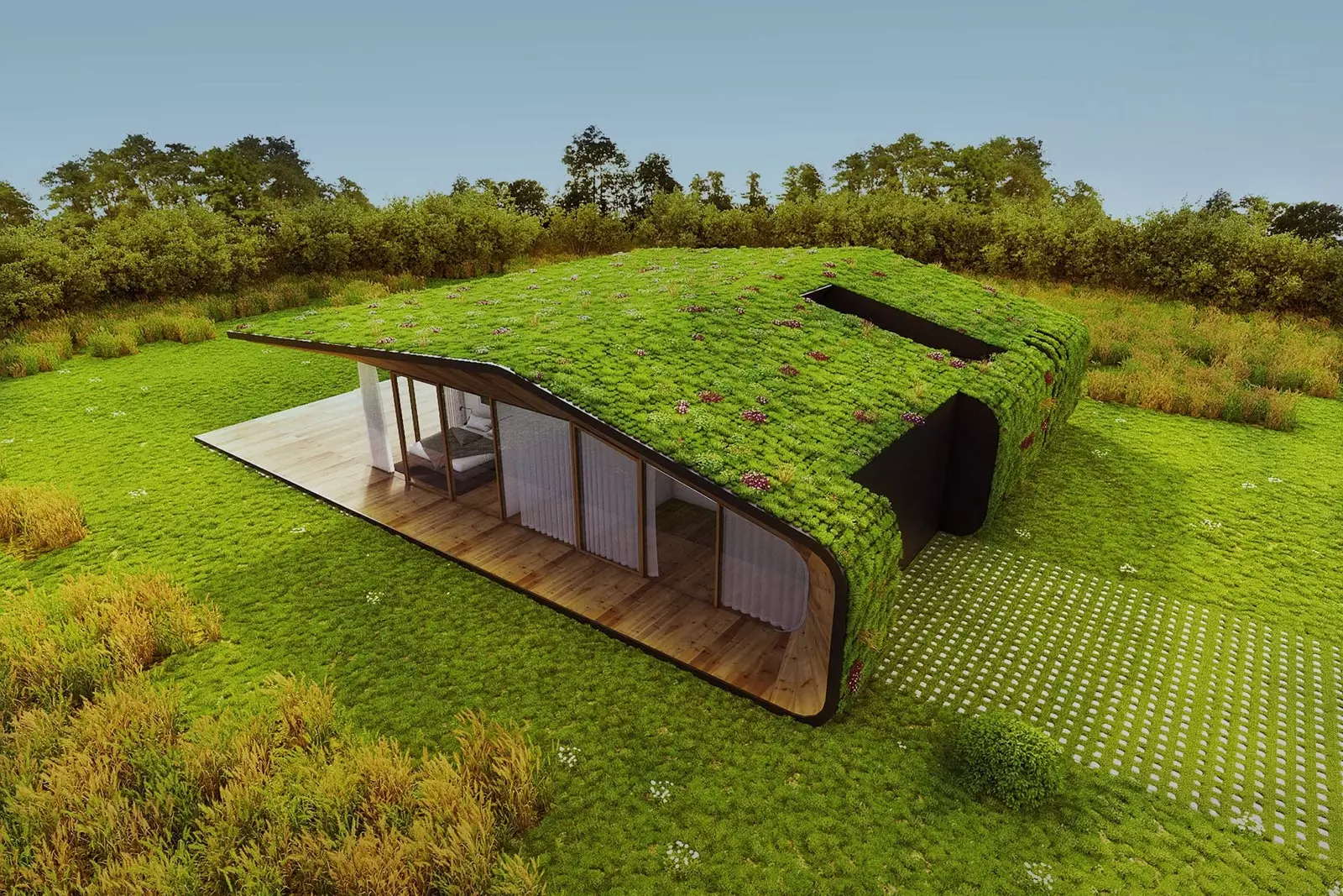 Green Nest House merupakan rumah prefabrikasi dengan atap hijau.