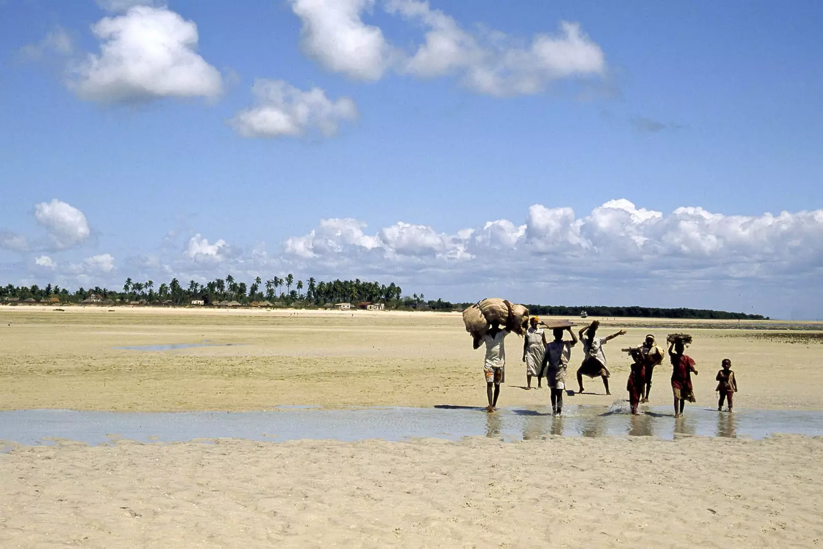 Grupp vu Leit laanscht e Floss op enger Plage a Mosambik