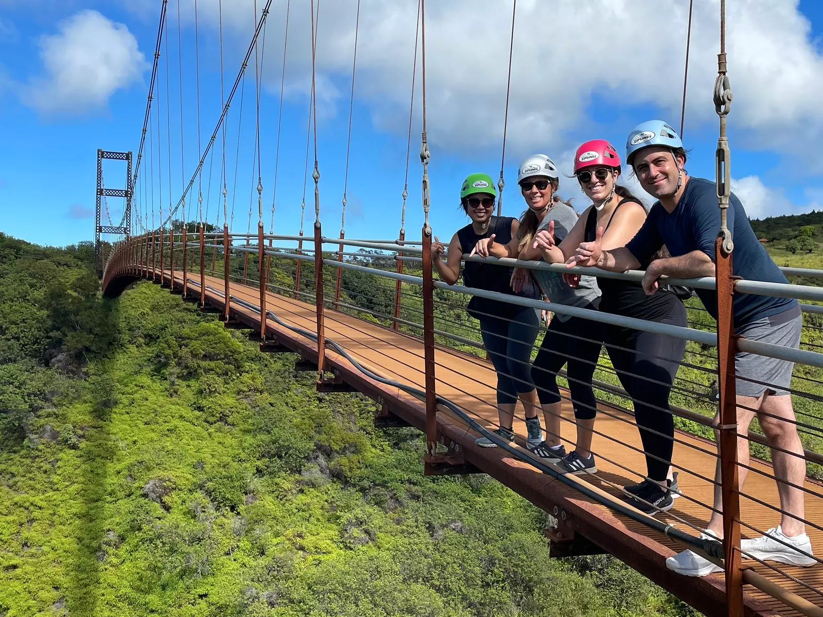 Keturi žmonės pozuoja nuotraukoje nuo Kapalua tilto su Maui sala prie kojų.