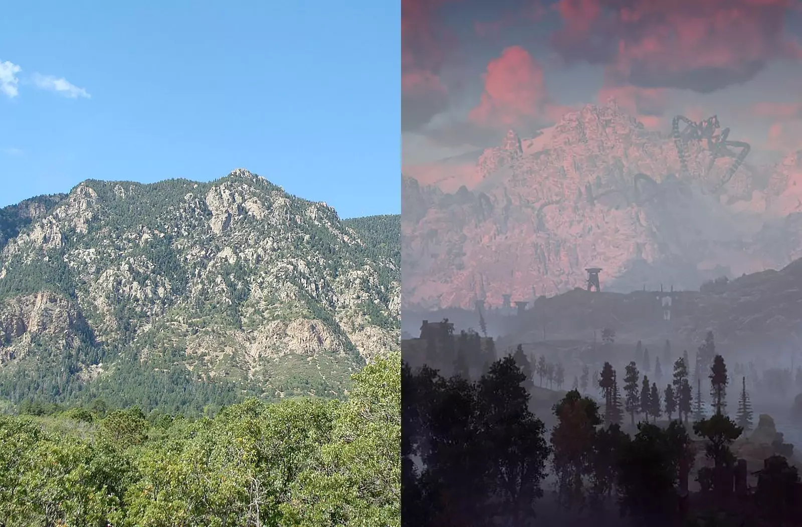 On the left the actual Cheyenne Mountain. On the right her counterpart in 'Horizon Zero Dawn' the Mother.