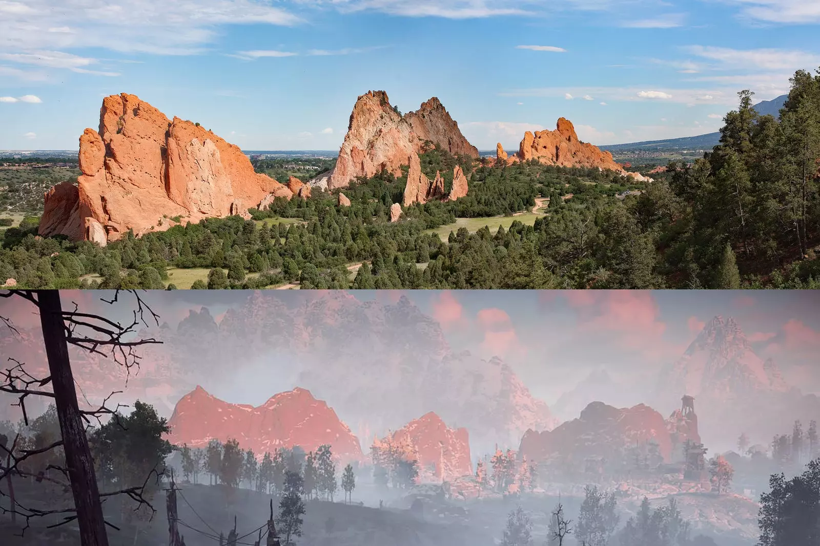 Above the rocky outcrops of the Garden of the Gods. Below Corona de Madre with the same formations.